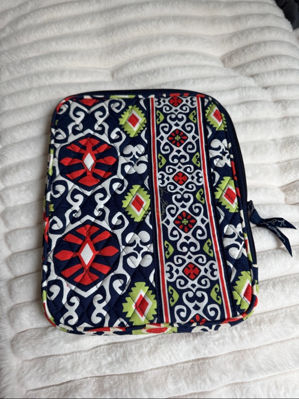Vera Bradley Navy Quilted Zip Pouch with Red, Lime & White Motif